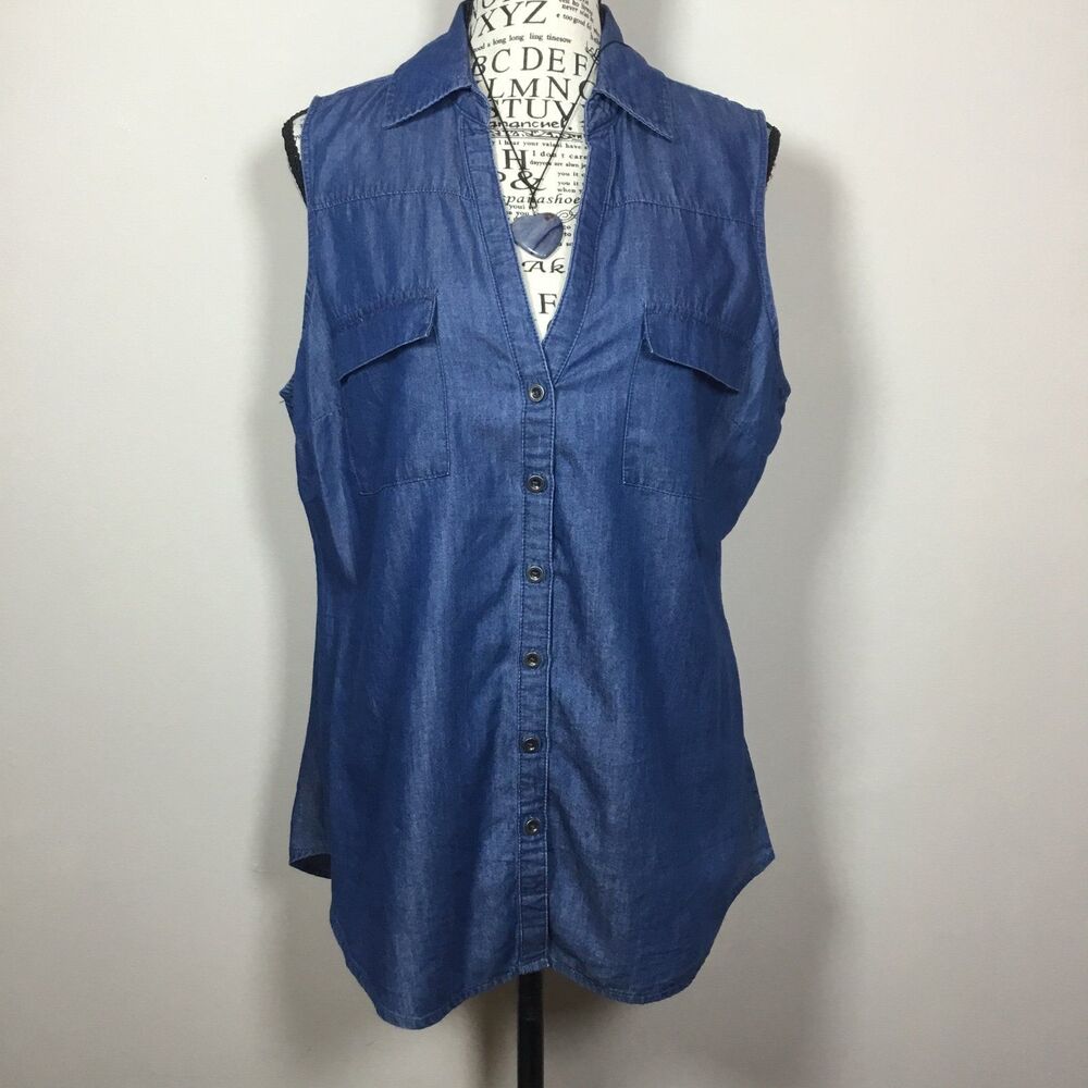 Western denim sleeveless button down long top blue cotton blend front pockets M